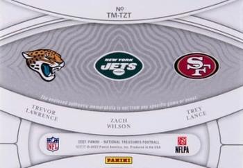 2021 Panini National Treasures - NFL Gear Trio Materials Laundry Tag NFL Shield #TM-TZT Trevor Lawrence / Zach Wilson / Trey Lance Back