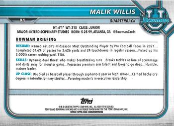 2021-22 Bowman University - Chrome Pink #94 Malik Willis Back