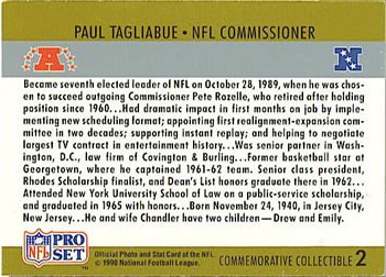 1990 Pro Set - Commemorative Collectibles #2 Paul Tagliabue Back