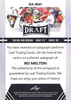 2022 Leaf Draft - Autographs #BA-BM1 Bo Melton Back