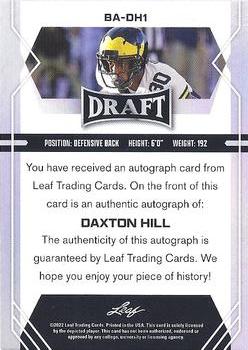 2022 Leaf Draft - Autographs #BA-DH1 Daxton Hill Back