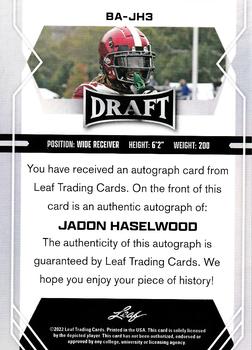 2022 Leaf Draft - Autographs #BA-JH3 Jadon Haselwood Back