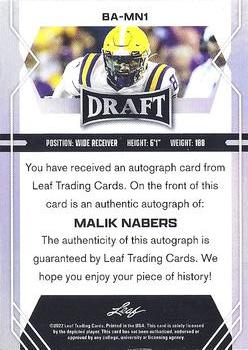 2022 Leaf Draft - Autographs #BA-MN1 Malik Nabers Back