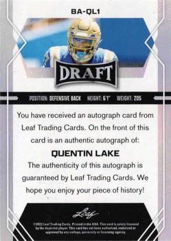 2022 Leaf Draft - Autographs #BA-QL1 Quentin Lake Back