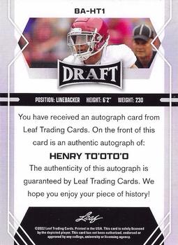 2022 Leaf Draft - Autographs Red #BA-HT1 Henry To'oTo'o Back