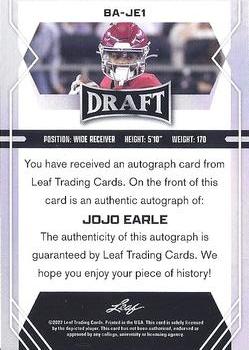 2022 Leaf Draft - Autographs Red #BA-JE1 Jojo Earle Back