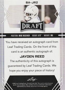 2022 Leaf Draft - Autographs Blue #BA-JR2 Jayden Reed Back
