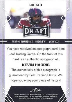 2022 Leaf Draft - Autographs Blue #BA-KH1 Kevin Harris Back