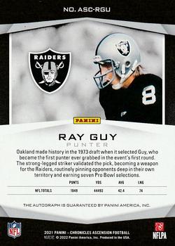 2021 Panini Chronicles - Ascension Autographs Gold #ASC-RGU Ray Guy Back