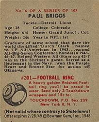 1948 Bowman #6 Paul Briggs Back