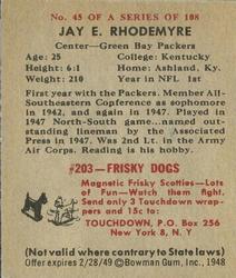 1948 Bowman #45 Jay Rhodemyre Back