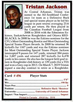 2019 JOGO CFL Alumni Series 25 #496 Tristan Jackson Back