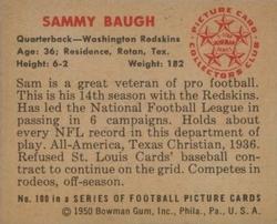 1950 Bowman #100 Sammy Baugh Back