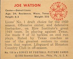 1950 Bowman #110 Joe Watson Back