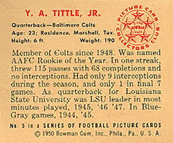 1950 Bowman #5 Y. A. Tittle, Jr. Back