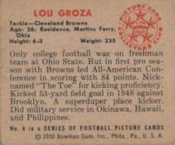 1950 Bowman #6 Lou Groza Back