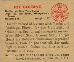 1950 Bowman #12 Joe Golding Back