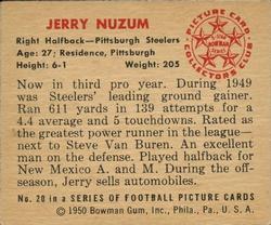 1950 Bowman #20 Jerry Nuzum Back