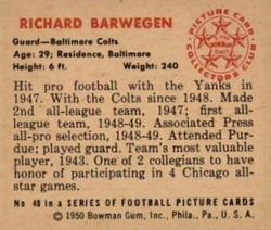 1950 Bowman #40 Richard Barwegen Back