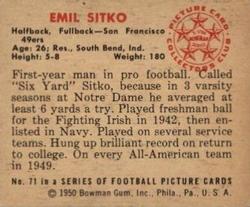 1950 Bowman #71 Emil Sitko Back