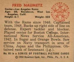 1950 Bowman #85 Fred Naumetz Back