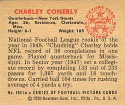 1950 Bowman #103 Charley Conerly Back