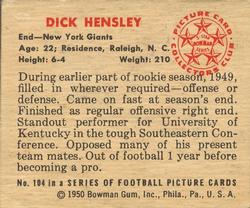 1950 Bowman #104 Dick Hensley Back