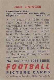 1951 Bowman #135 Jack Lininger Back