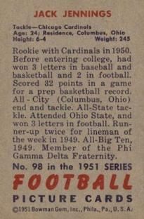 1951 Bowman #98 Jack Jennings Back