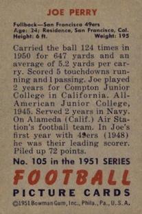 1951 Bowman #105 Joe Perry Back