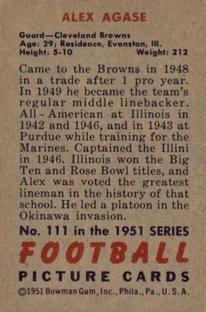 1951 Bowman #111 Alex Agase Back