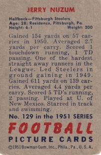1951 Bowman #129 Jerry Nuzum Back