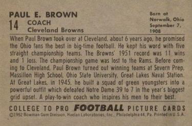 1952 Bowman Large #14 Paul Brown Back