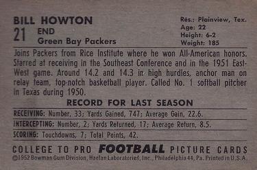 1952 Bowman Large #21 Bill Howton Back
