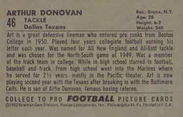 1952 Bowman Large #46 Art Donovan Back