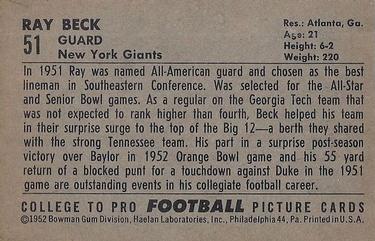 1952 Bowman Large #51 Ray Beck Back