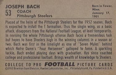 1952 Bowman Large #53 Joseph Bach Back