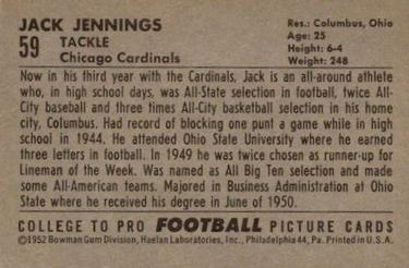 1952 Bowman Large #59 Jack Jennings Back
