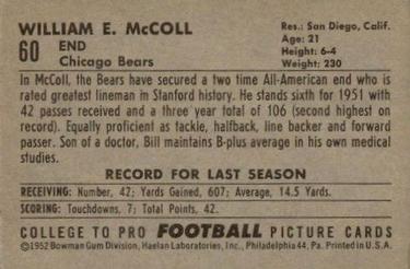 1952 Bowman Large #60 William McColl Back