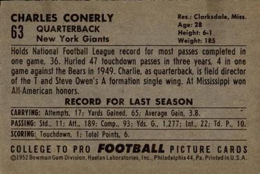 1952 Bowman Large #63 Charley Conerly Back