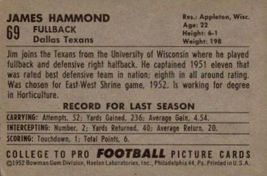 1952 Bowman Large #69 James Hammond Back
