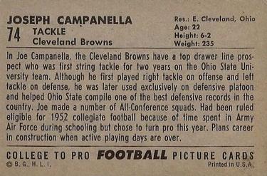 1952 Bowman Large #74 Joe Campanella Back
