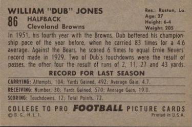 1952 Bowman Large #86 Dub Jones Back