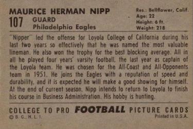1952 Bowman Large #107 Maurice Nipp Back