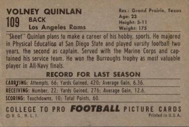 1952 Bowman Large #109 Volney Quinlan Back