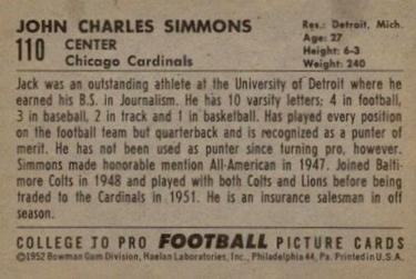 1952 Bowman Large #110 Jack Simmons Back