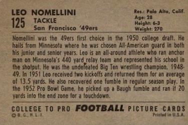1952 Bowman Large #125 Leo Nomellini Back
