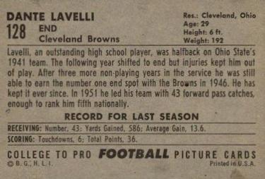 1952 Bowman Large #128 Dante Lavelli Back
