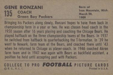 1952 Bowman Large #135 Gene Ronzani Back