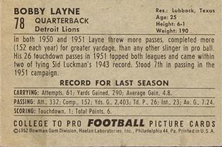 1952 Bowman Small #78 Bobby Layne Back